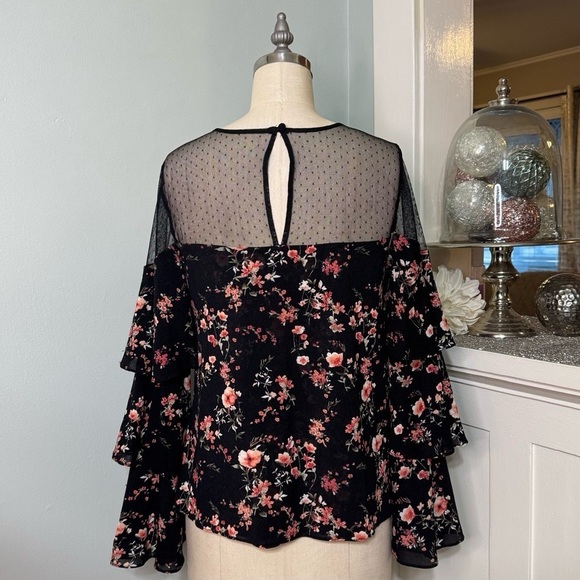 White House Black Market Floral Blouse w/ Mesh Shoulders & Tiered Sleeves Small - Picture 8 of 12